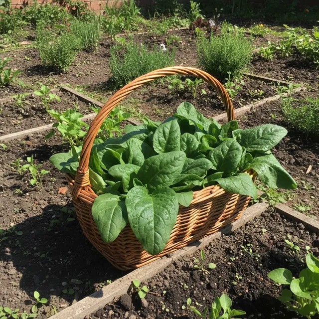 Feuilles fraîches de tétragone dans un panier en osier au bord d'un potager ensoleillé