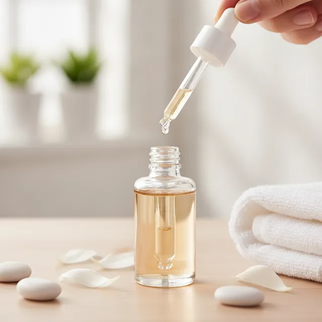 Flacon de sérum à l'acide hyaluronique avec sa pipette compte-gouttes posé sur une table claire
