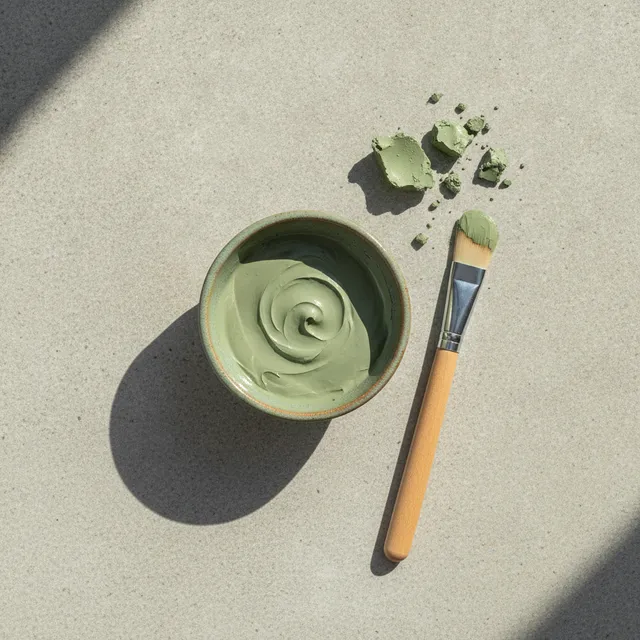 Bol de masque à l'argile verte avec un pinceau applicateur en bois, vu de dessus sur une table claire
