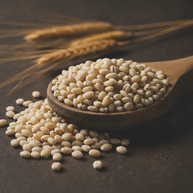 Grains d'orge perlé débordant d'une cuillère en bois avec des épis d'orge séchés en arrière-plan
