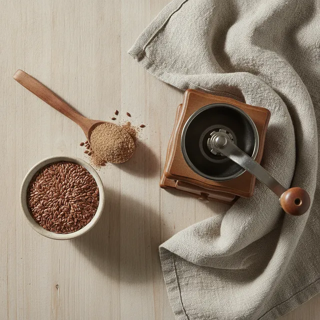 Bol de graines de lin brunes, cuillère de graines moulues et moulin à café en vue de dessus sur une table en bois