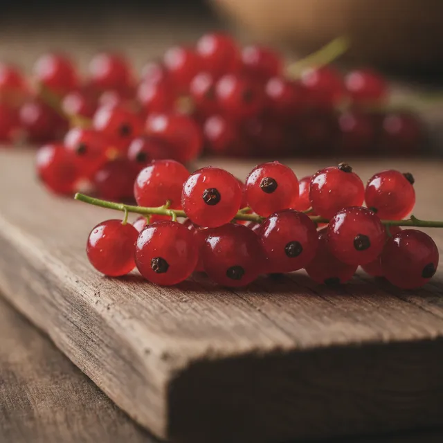 Grappes de groseilles rouges translucides sur une planche en bois