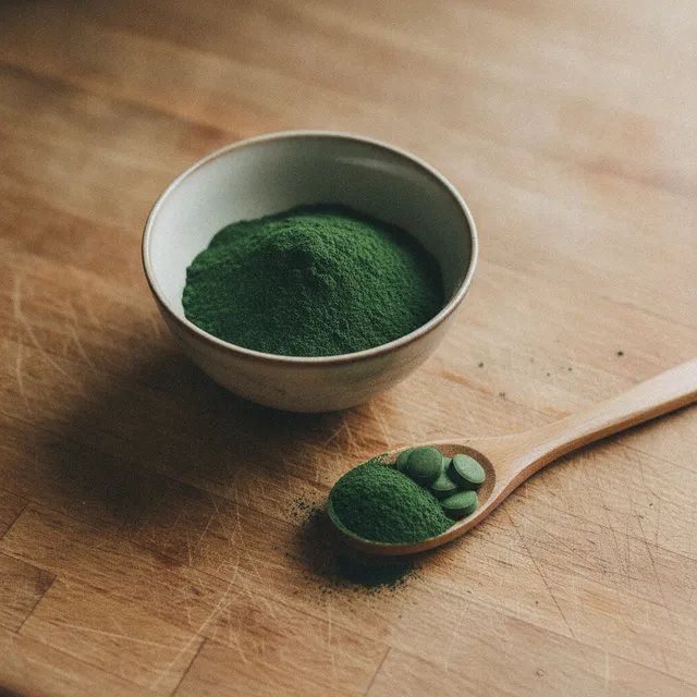 Bol de poudre de chlorella vert foncé et cuillère en bois avec comprimés verts sur un plan de travail