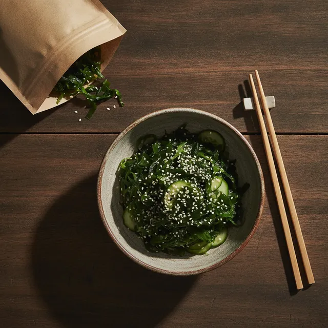 Bol de salade de wakame réhydraté aux graines de sésame et rondelles de concombre, baguettes et sachet d'algues séchées sur une table en bois