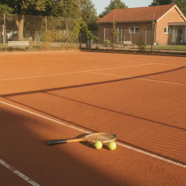 Un court de tennis en terre battue avec une raquette et deux balles jaunes posées près de la ligne, lumière de fin d'après-midi