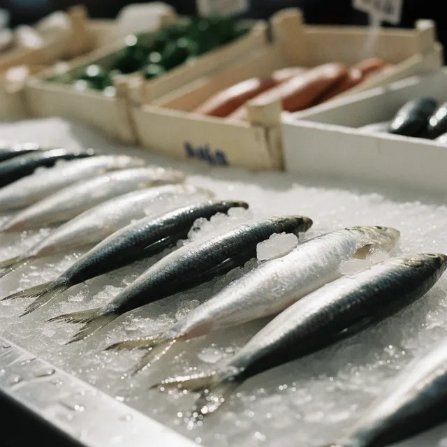 Harengs frais argentés posés sur de la glace à l'étal d'un poissonnier