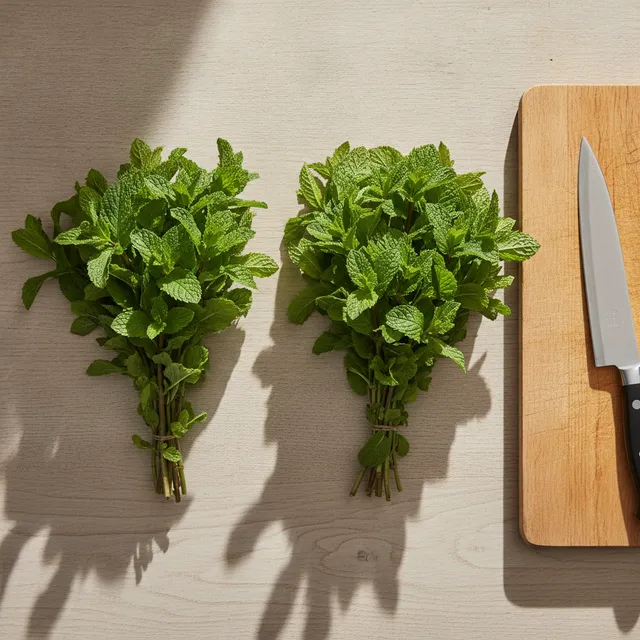 Deux bouquets de menthe fraîche posés côte à côte sur une table en bois, à côté d'une planche et d'un couteau