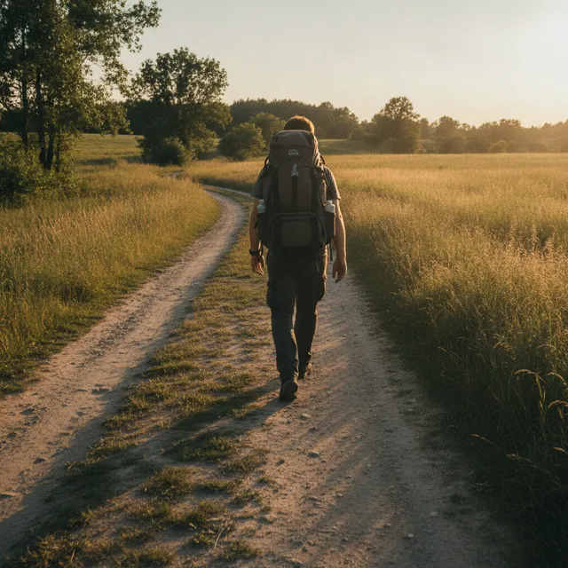Une personne vue de dos marche sur un chemin de campagne avec un sac à dos chargé sur les épaules
