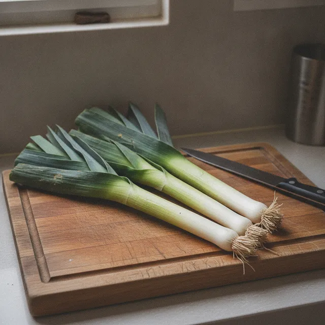 Trois poireaux entiers posés sur une planche à découper en bois, avec un couteau, sur un plan de travail de cuisine
