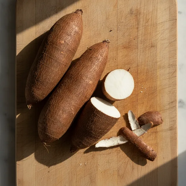 Racines de manioc entieres a la peau brune et une racine coupee montrant la chair blanche, sur une planche en bois