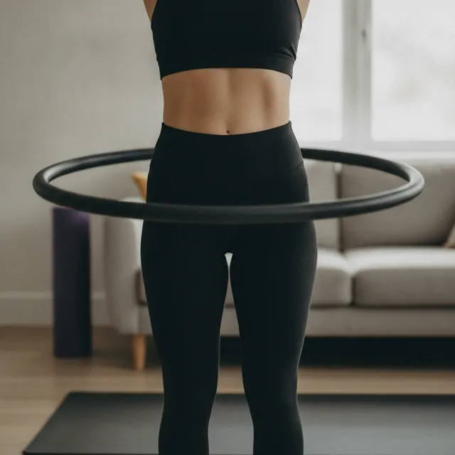 Cerceau de fitness lesté en rotation autour de la taille d'une personne dans un salon