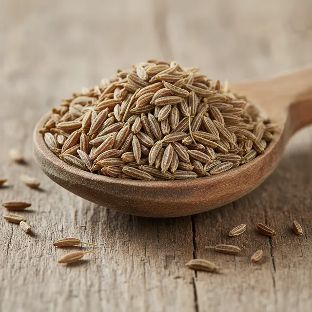 Graines de cumin entières débordant d'une cuillère en bois posée sur une table