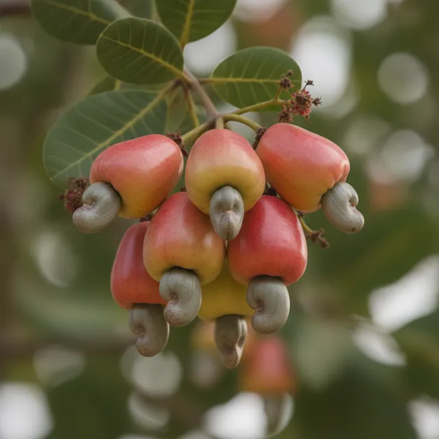 Pommes de cajou rouges et jaunes suspendues à une branche d'anacardier, chaque fruit prolongé par sa noix de cajou grise en forme de virgule
