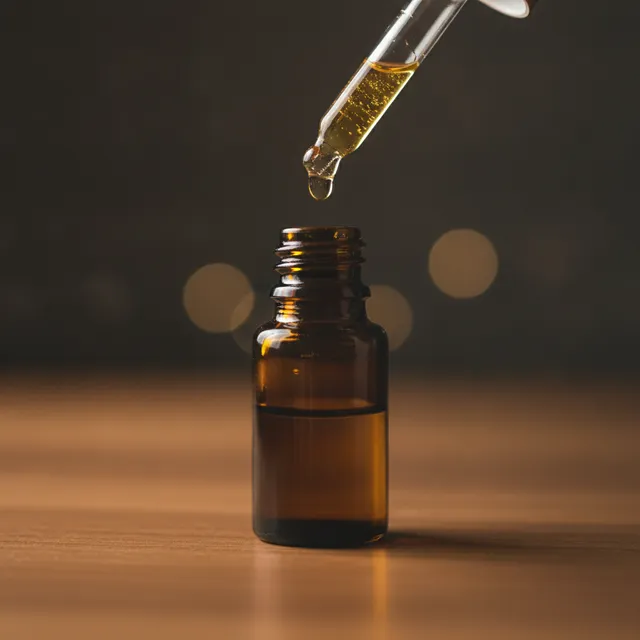 Une pipette de sérum ambré au-dessus d'un flacon en verre sombre, gouttes suspendues, ambiance tamisée