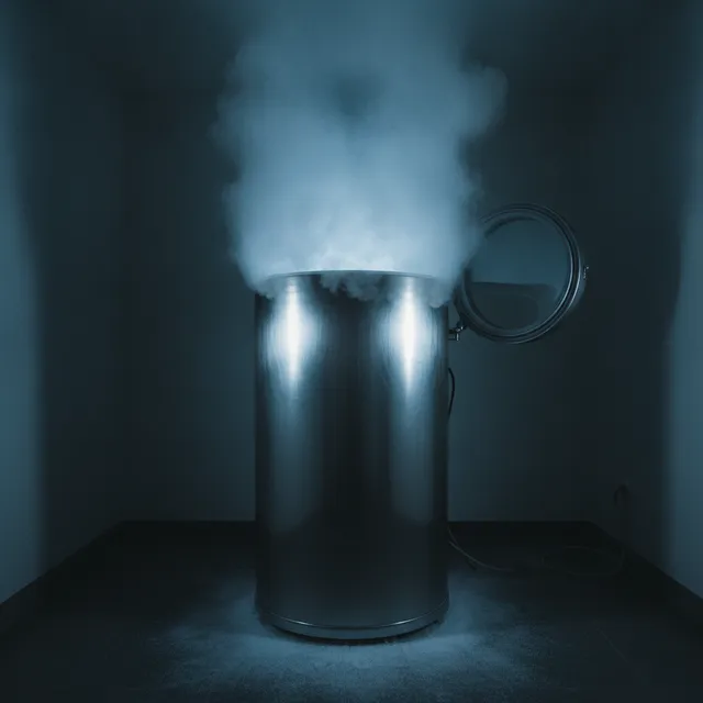 Cabine de cryothérapie corps entier d'où s'échappe une vapeur glacée