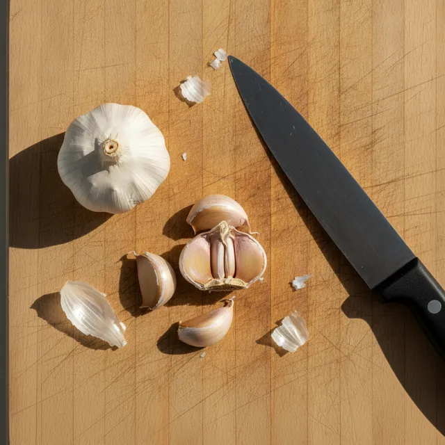 Une tête d'ail et plusieurs gousses, dont deux écrasées, sur une planche à découper en bois avec un couteau