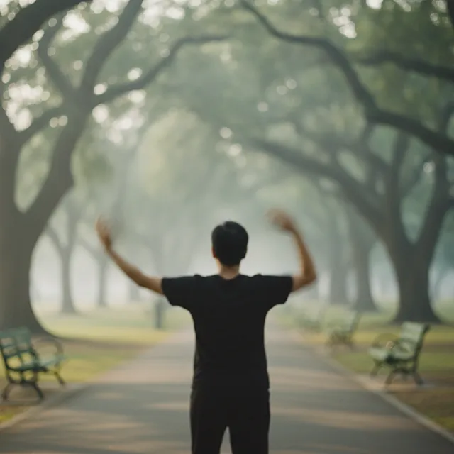 Une personne vue de dos pratique un mouvement lent de qi gong, bras déployés, dans une allée de parc brumeuse au petit matin