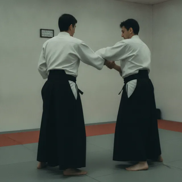 Deux pratiquants d'aïkido en keikogi et hakama sur un tatami, l'un saisissant le poignet de l'autre