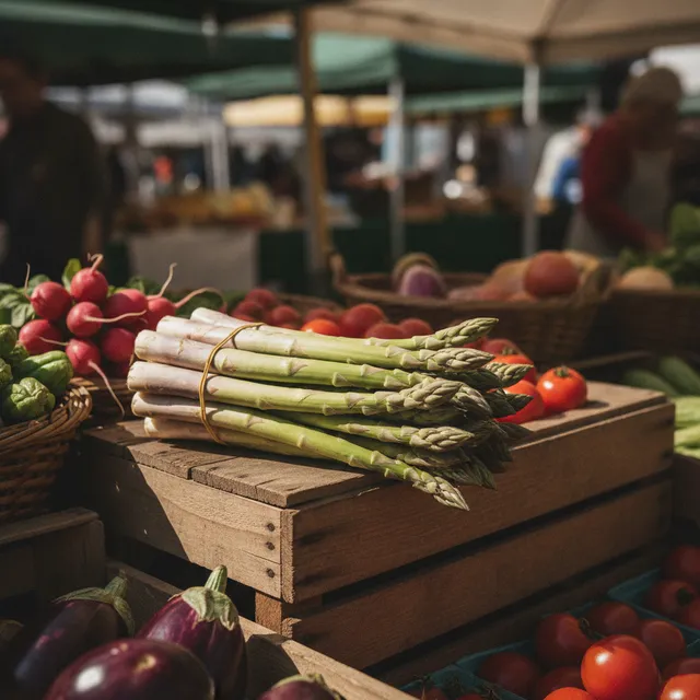Botte d'asperges vertes et blanches fraîches posée sur une cagette en bois sur un étal de marché