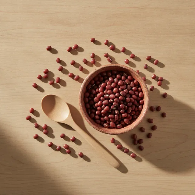 Haricots azuki rouges secs dans un bol en céramique sur une table en bois