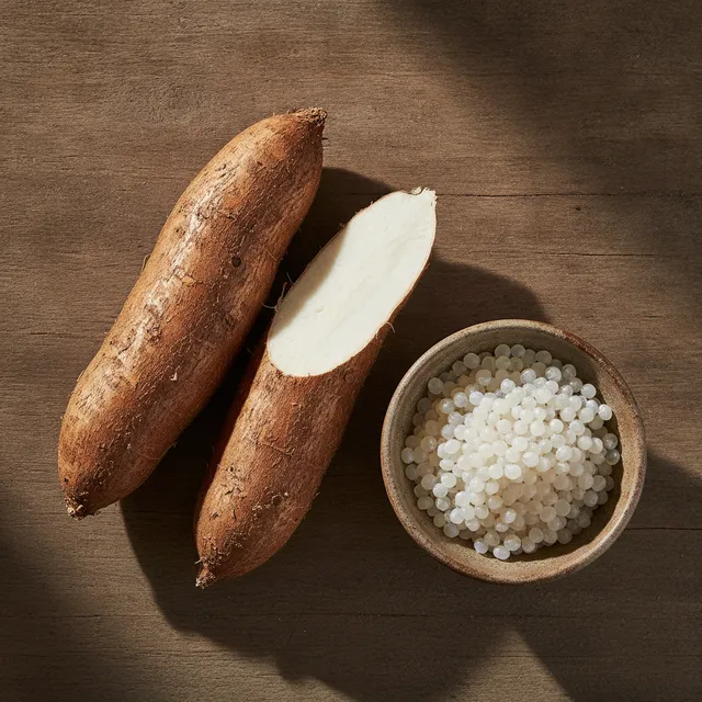 Racines de manioc entieres et coupee a cote d'un bol de perles de tapioca sur une table en bois