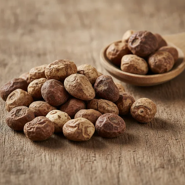 Petit tas de souchets secs (noix tigrées), tubercules bruns et ridés, sur une planche en bois avec une cuillère