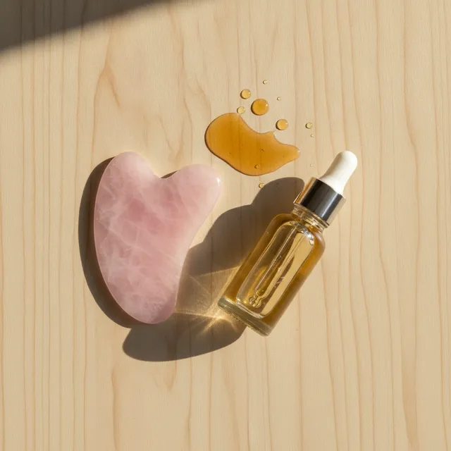 Un gua sha en quartz rose posé sur une table en bois à côté d'un flacon de sérum et de gouttes d'huile