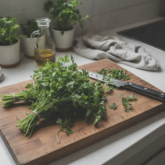 Bouquet de cerfeuil frais sur une planche a decouper en bois dans une cuisine