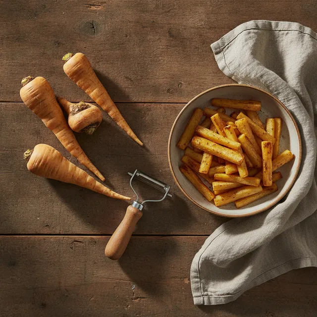 Panais crus, bâtonnets de panais rôtis dans un bol et économe posés sur une table en bois