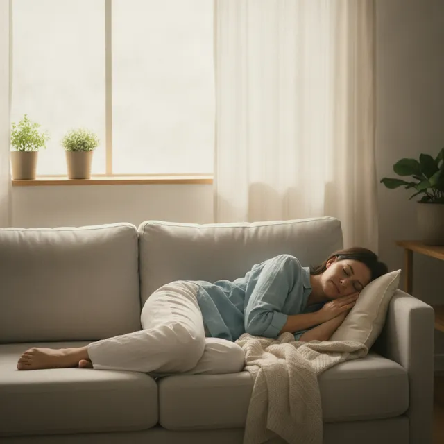 Personne détendue faisant une courte sieste sur un canapé clair, lumière naturelle douce