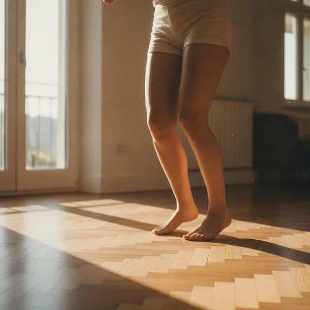 Jambes dansant sur la pointe des pieds dans un salon lumineux au parquet en bois