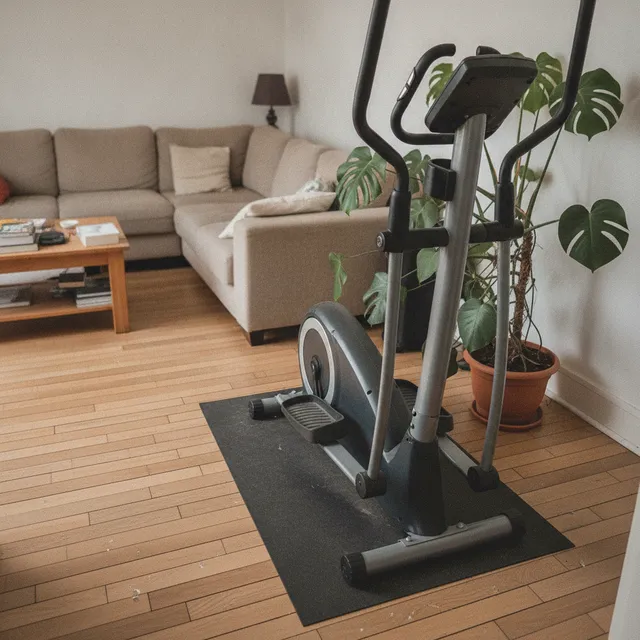 Vélo elliptique posé sur un tapis de sol dans un coin de salon
