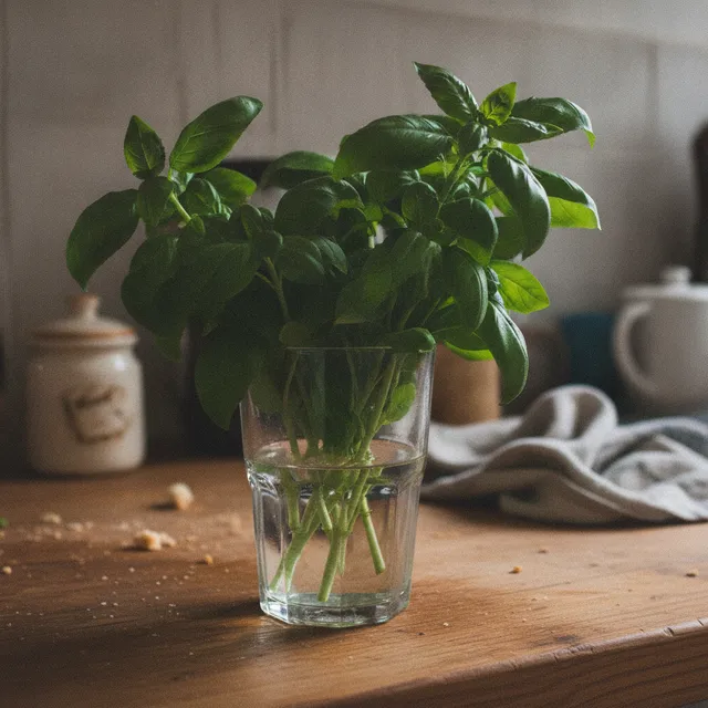 Bouquet de basilic frais, tiges dans un verre d'eau, sur un plan de travail en bois
