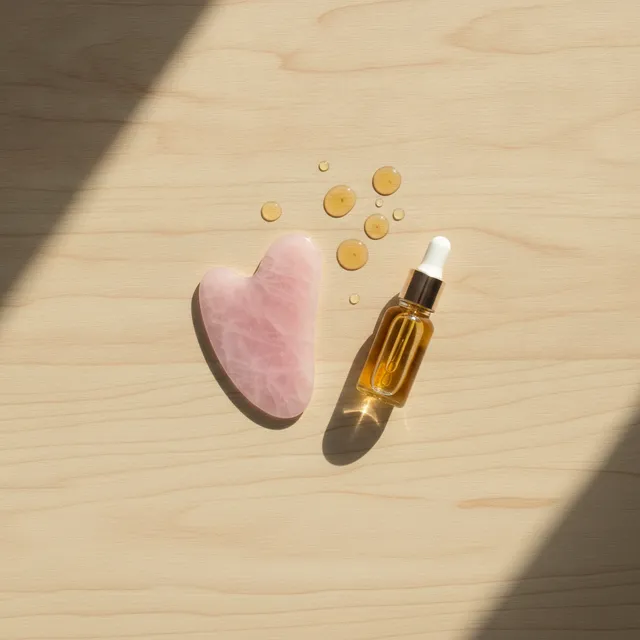 Pierre de gua sha en quartz rose et flacon d'huile de soin posés sur une table en bois