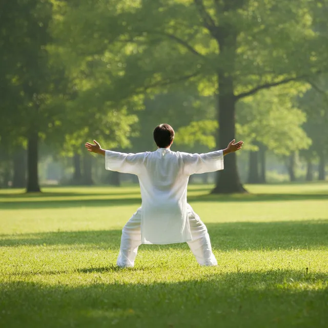 Une personne vue de dos pratique le tai-chi dans un parc, bras ouverts, le matin
