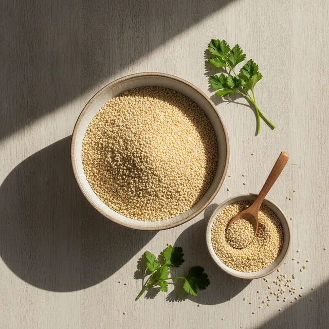 Un bol de fonio cuit et une coupelle de grains de fonio crus avec une cuillère en bois, vue de dessus sur table en bois
