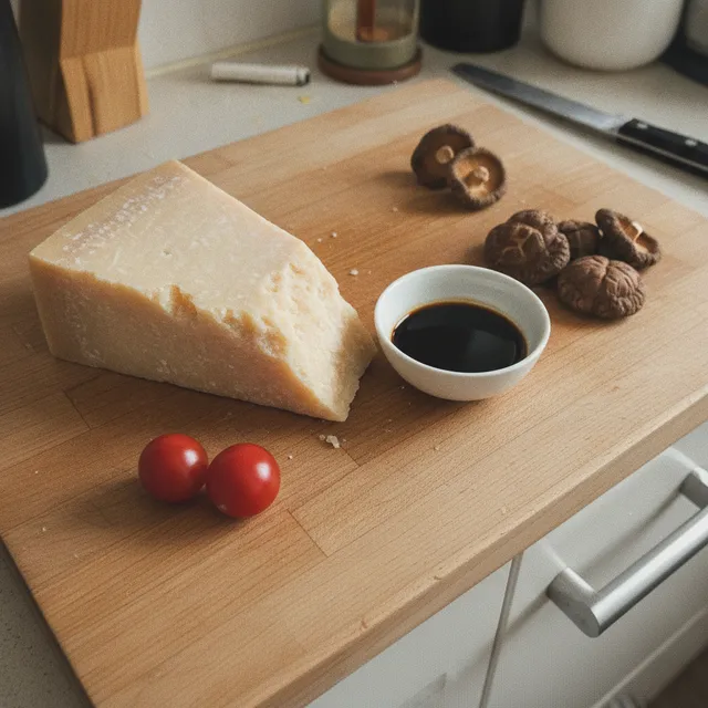 Parmesan, tomates, sauce soja et champignons shiitakes seches poses sur une planche en bois