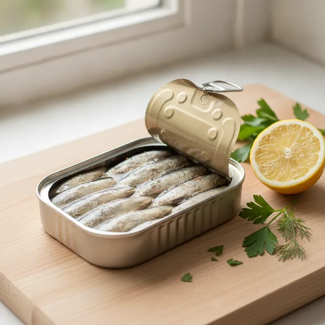 Boîte de sardines ouverte sur une planche en bois avec un demi-citron et des herbes fraîches