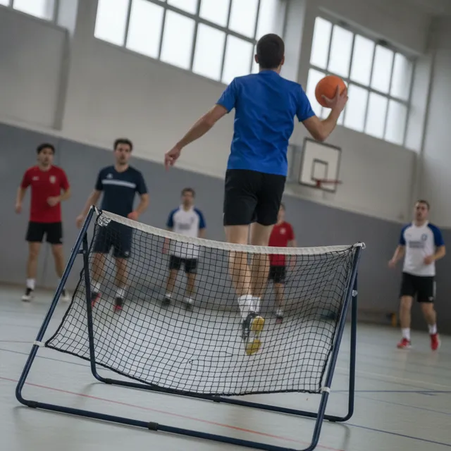 Un joueur vise le cadre à filet incliné du tchoukball avec un ballon dans un gymnase