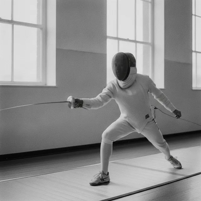 Escrimeur en tenue blanche et masque grillagé en pleine fente sur une piste dans une salle d'armes