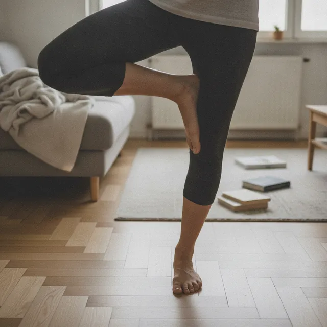 Personne pieds nus en équilibre sur une seule jambe dans un salon