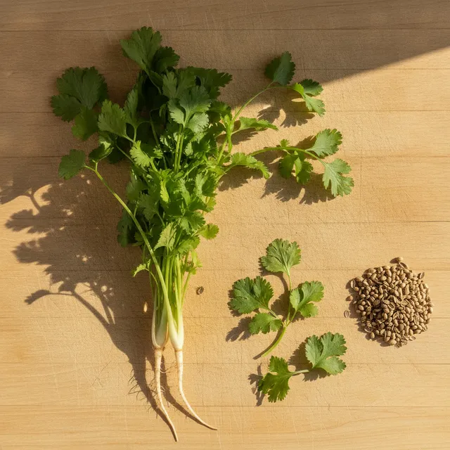 Bouquet de coriandre fraîche avec racines, feuilles détachées et graines séchées sur une planche en bois