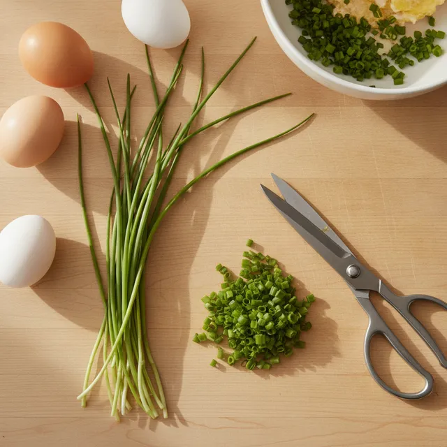 Bouquet de ciboulette fraîche et ciboulette ciselée au couteau sur une planche en bois, avec des œufs et une paire de ciseaux de cuisine