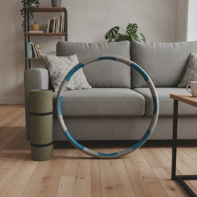 Cerceau de fitness lesté gris et bleu posé contre un canapé dans un salon