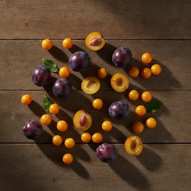 Assortiment de prunes fraîches (quetsches violettes, mirabelles et reines-claudes jaunes), certaines coupées en deux, disposées sur une table en bois