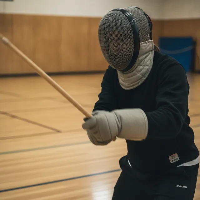 Pratiquant de canne de combat en garde, masque grillage d'escrime et gants, brandissant une fine canne en bois dans un gymnase