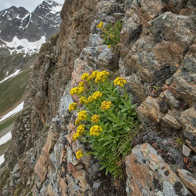 Plante de rhodiola rosea aux petites fleurs jaunes poussant sur une paroi rocheuse de montagne enneigee