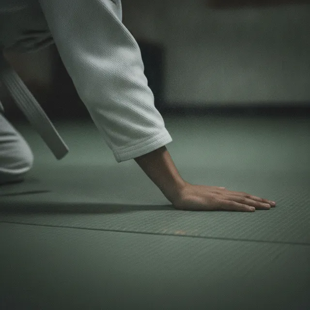 Main et avant-bras en kimono de judo blanc claquant un tatami vert pendant une chute contrôlée
