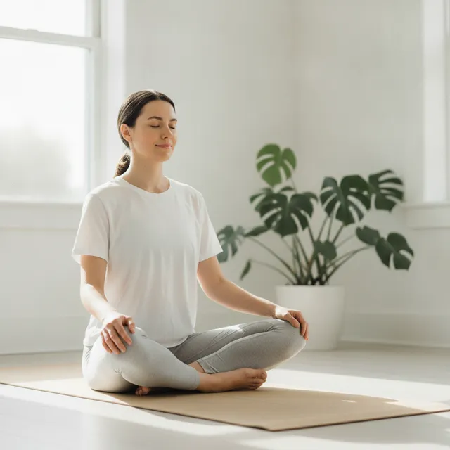 Personne réalisant une posture de yoga sur un tapis dans un intérieur clair et lumineux
