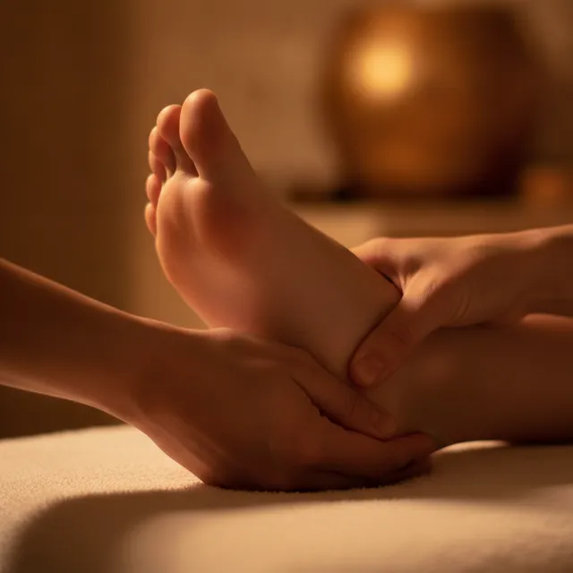 Deux mains massent la voute plantaire d'un pied pose sur une serviette, ambiance tamisee
